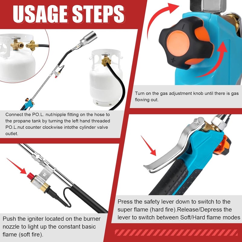 ARTFLAMM Portable Propane Torch Weed Burner Kit with Storage Bag, High Output BTUs & 10 FT Hose, Self Igniter Weed Flame Torch for Campfires,Roofing,Melting Snow and Ice,Road Marking - Image 5